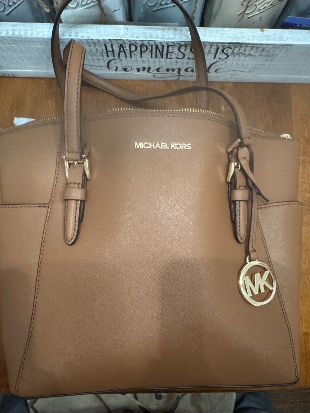 Michael Kors Tan Saffiano Leather Tote with Gold MK Charm
